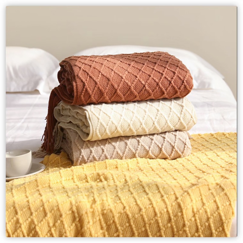 Boho Throw Blanket Fringe - Textile City Diamond Knit Plaid met